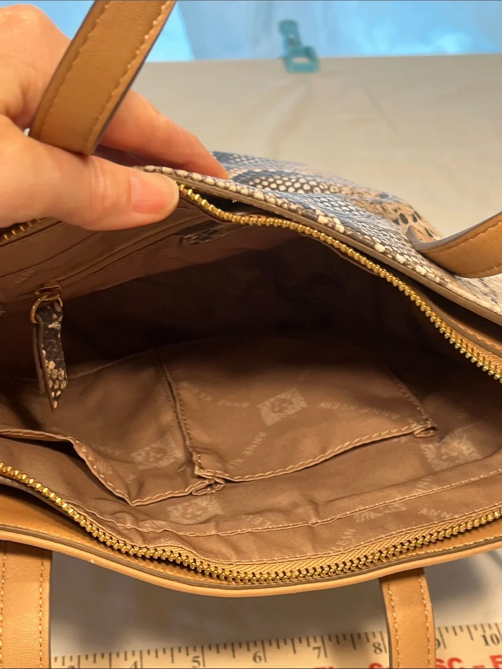 Anne Klein Snake Print Satchel Tote Crossbody Bag Tan Faux Leather